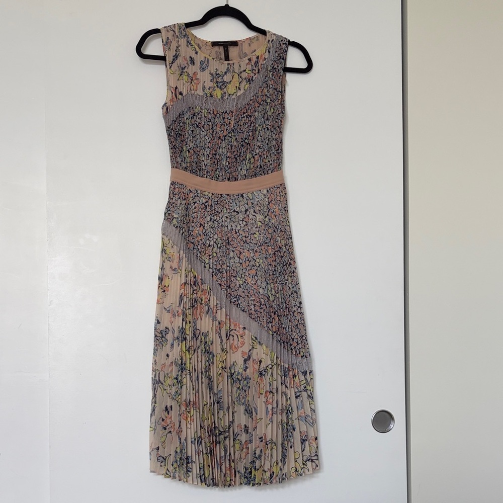 BCBGMaxAzria Blush Floral Mixed-Print Pleated Midi Dress